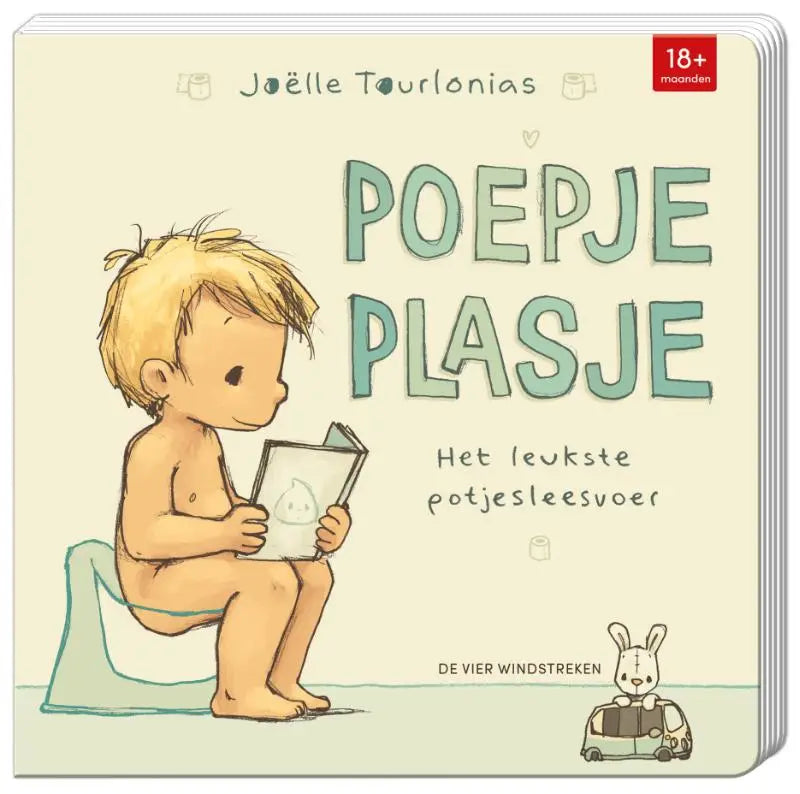 Een zacht crèmekleurig poepje plasje bordboek met een illustratie van een blonde peuter op het potje voor jonge lezers