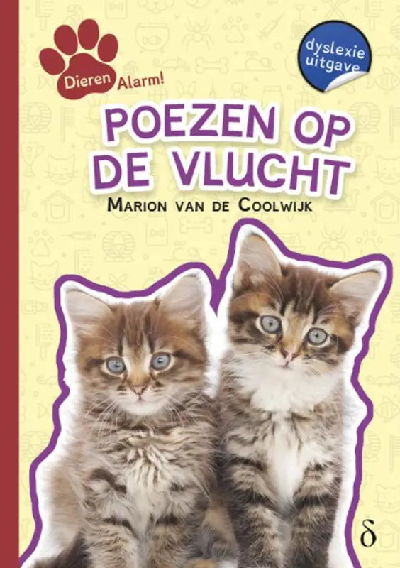 De boekcover van poezen op de vlucht uit de serie dierenalarm toont twee pluizige tabby kittens met blauwe ogen