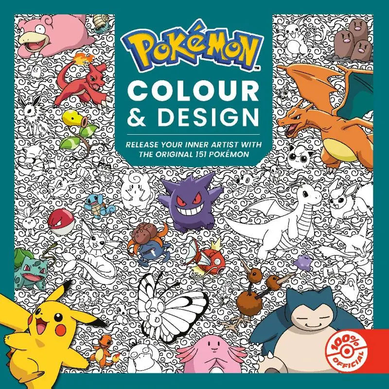 Een vibrant gele pikachu met rode wangen op de cover van de pokemon colour and design kleurboek