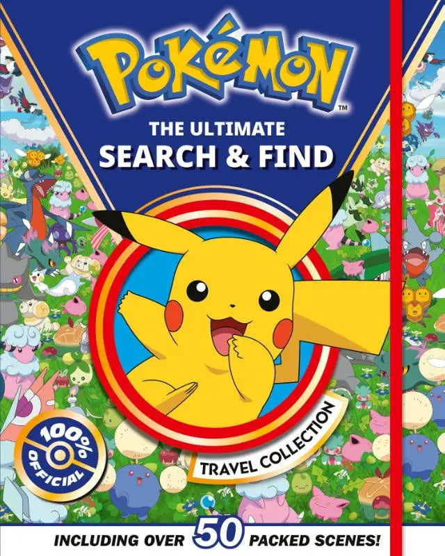 Gele pikachu op blauwrode cirkelelement met kleurrijke pokémon in pokemon the ultimate find travel collection boek