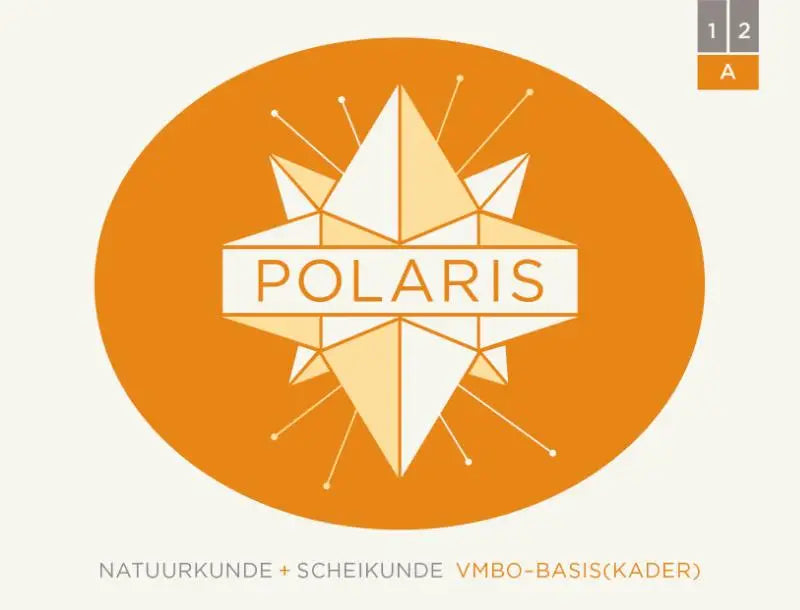 Oranje ovale polaris logo met wit geometrisch sterontwerp op polaris nask leerwerkboek natuurkunde en scheikunde