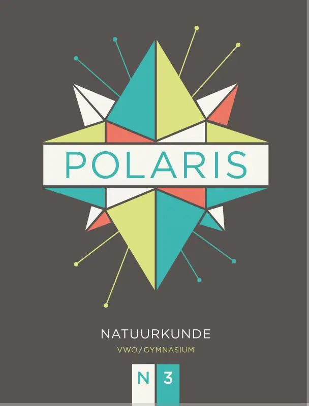 De cover van polaris natuurkunde toont een kleurrijk geometrisch stervormig logo met teal, geel en rood