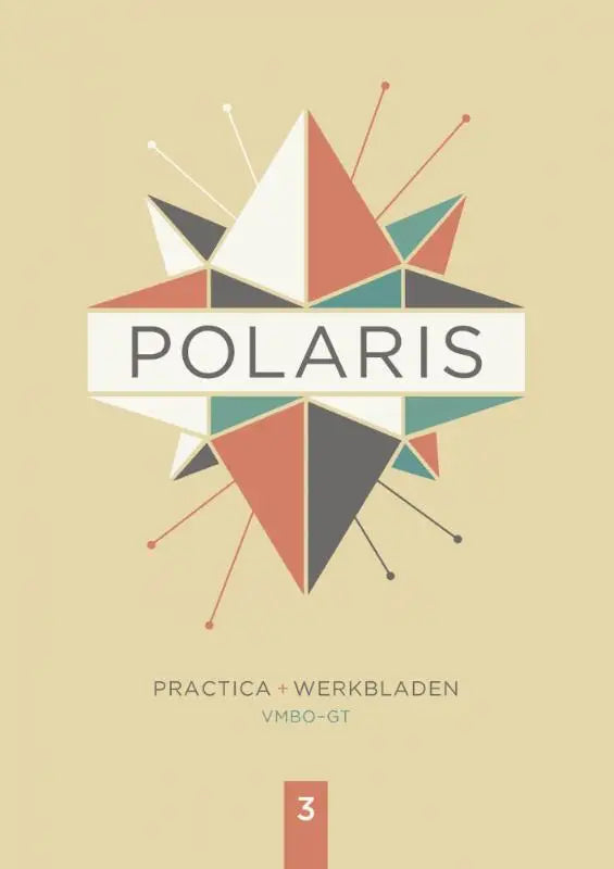Polaris workbook natuurkunde en scheikunde met geometrisch sterontwerp rood, teal en zwart op beige achtergrond