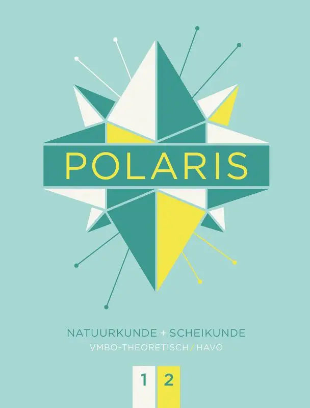 De cover van polaris natuurkunde en scheikunde toont een geometrisch sterontwerp in teal wit en geel