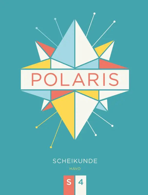 De cover van polaris scheikunde toont een gestileerd geometrisch sterontwerp in wit, lichtblauw, geel en rood op een teal achtergrond