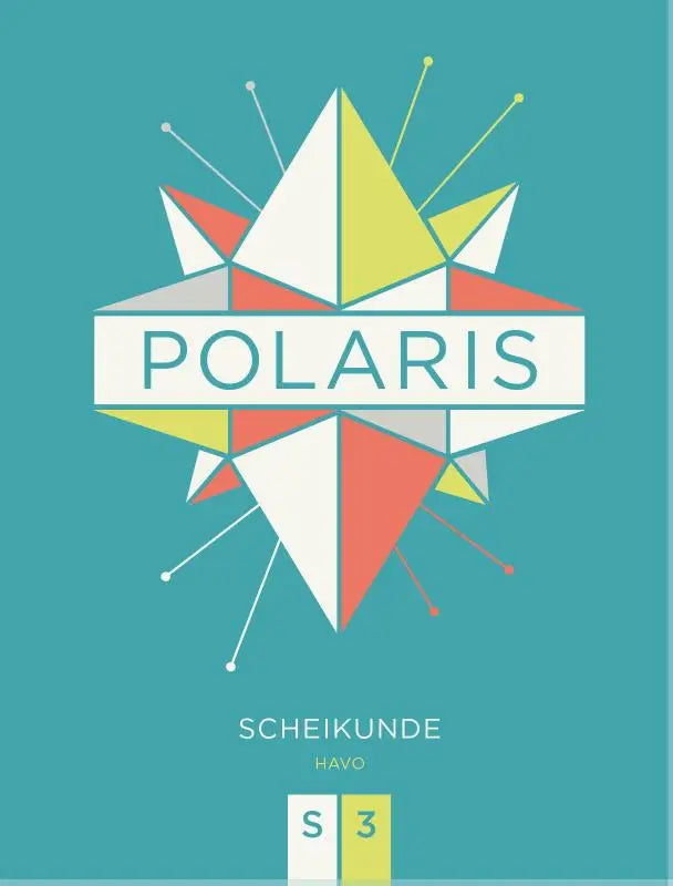 Cover van polaris scheikunde s3 leerboek met geometrisch sterontwerp in wit geel en rood op turquoise achtergrond