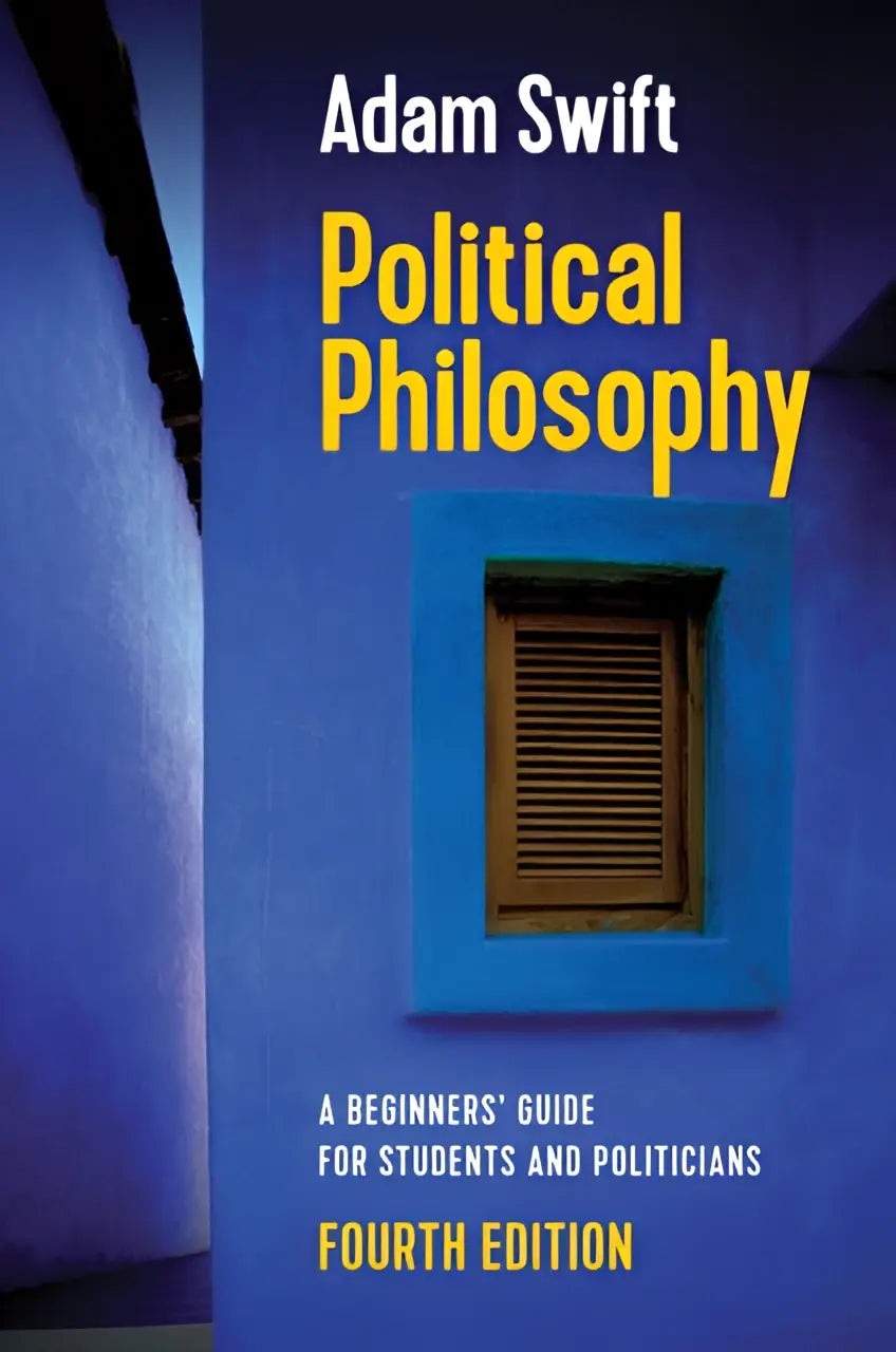 Blauw hardcover boek political philosophy van adam swift met houten luik en muur, een beginners guide voor studenten