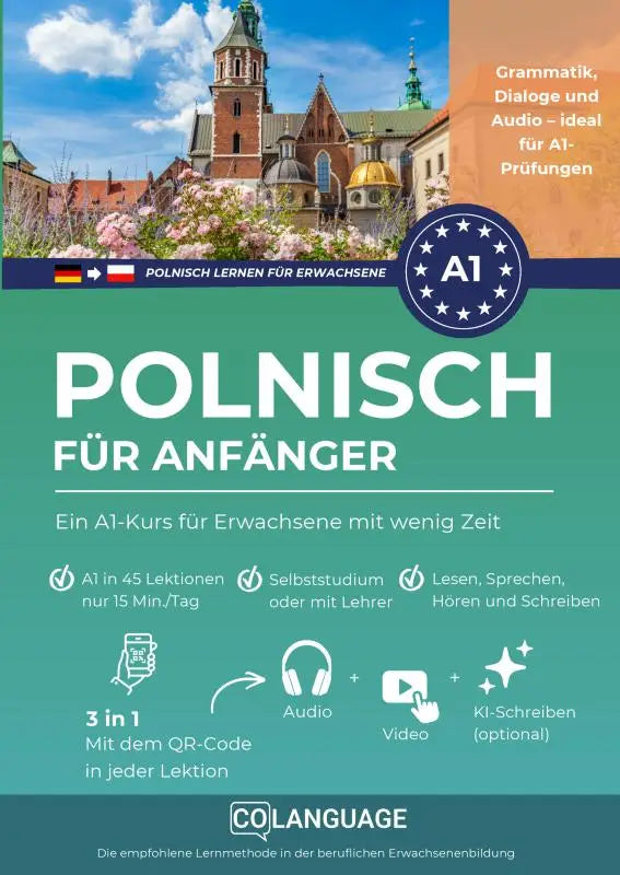 Voorzijde van een groen en teal polnisch leerboek voor erwachsene mit wenig zeit met historische gebouwen