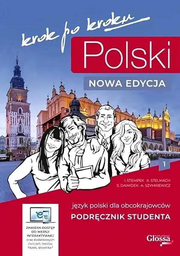 De voorkant van polski krok po kroku 1 podrecznik met cartoonillustratie van vijf mensen voor europees stadsgezicht