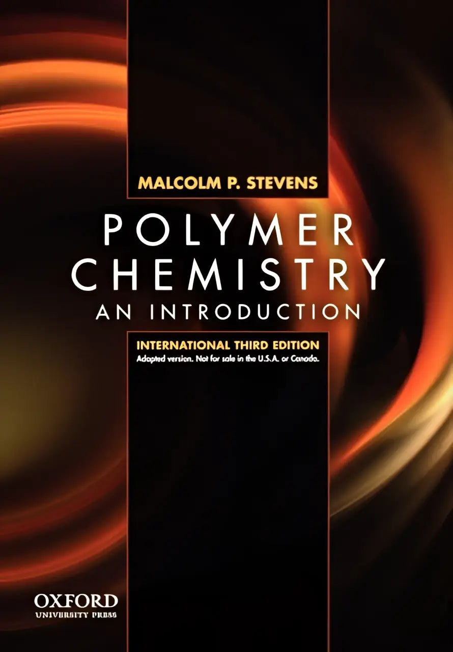 Black hardcover polymer chemistry book with gold lettering and dynamic orange red abstract background updated third edition