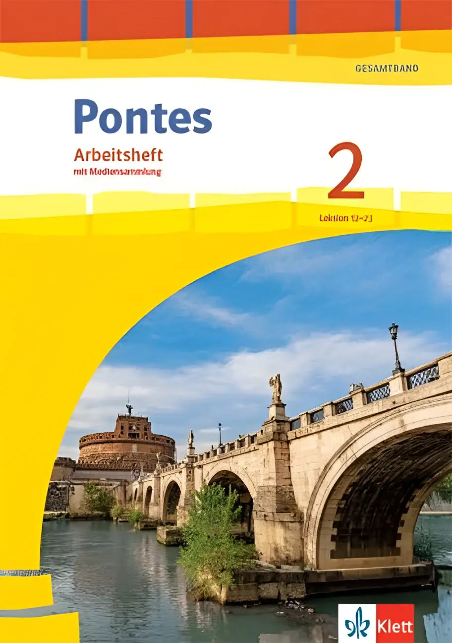 Yellow-covered pontes gesamtband 2 arbeitsheft mit mediensammlung featuring stone bridge and castle illustration on front