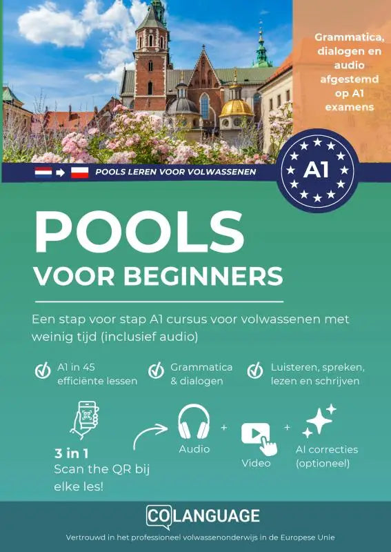 Cover van een teal en wit boek pools voor beginners een stap a1 cursus met duidelijke grammatica uitleg voor snel pools leren