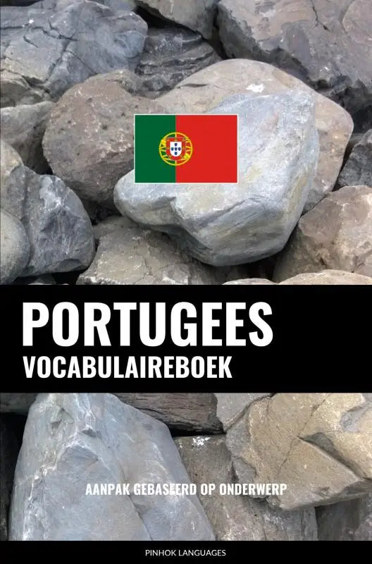 Portugees vocabulaireboek met grøn en rood vlagontwerp op grijze stenen, aanpak gebaseerd op onderwerp voor leren
