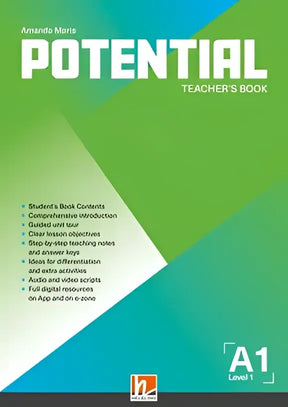 Groen en blauw verlopen omslag van het potential a1 teachers book met witte tekst en geometrisch ontwerp