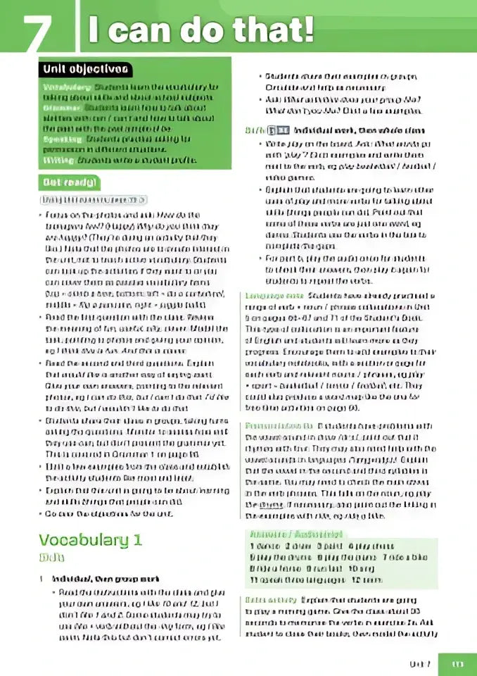 Een kleurenwerkblad van het potential a1 werkboek met unitdoelen, woordenschatlijsten en oefeningen voor studenten