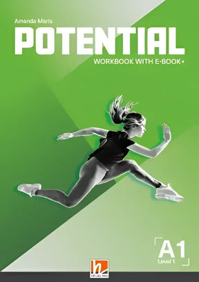 Groen a1 workbook met dynamische illustratie van een hardloper en titel potential van amanda marie zichtbaar
