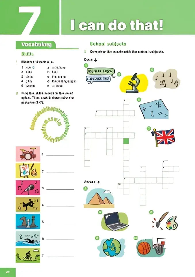 Dit is een groen en wit educatief werkboek potential a1 met woordenschat matching en kruiswoordpuzzels voor kinderen