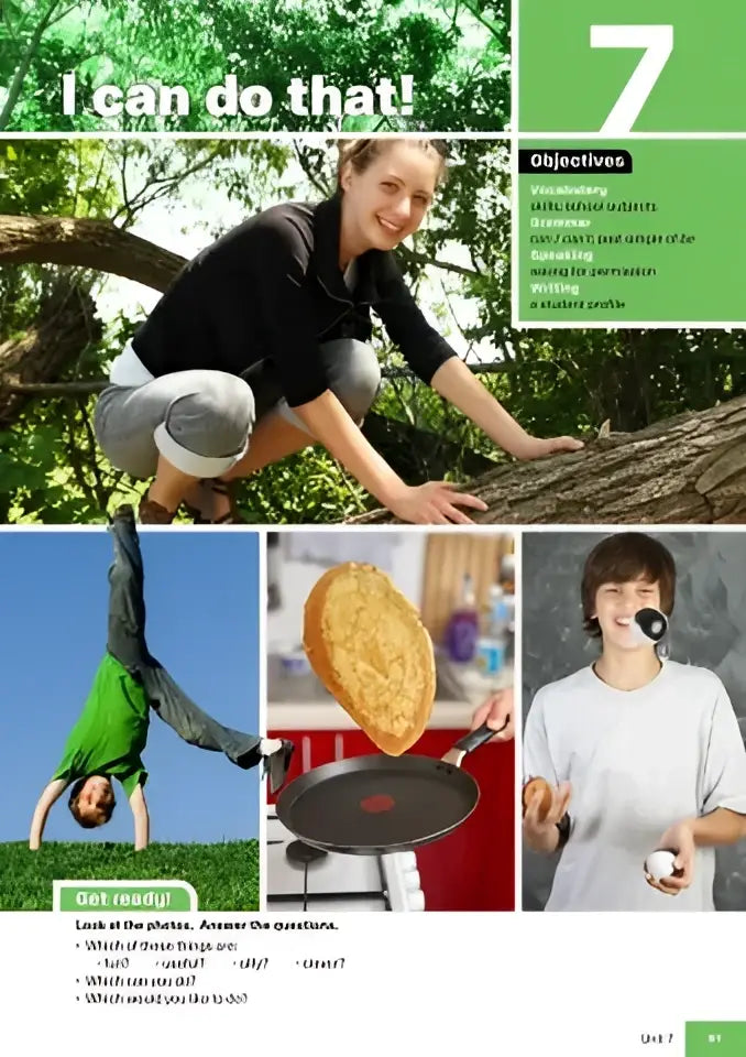 Pagina uit de Potential A1 workbook engels boek met titel ik kan dat en afbeeldingen van activiteiten zoals klimmen koken en bellen blazen