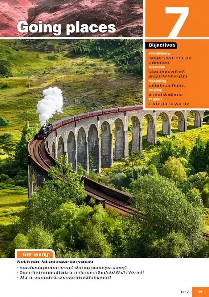 Potential a2 workbook met een afbeelding van een groene landschap en een stoomtrein op een stenen viaduct