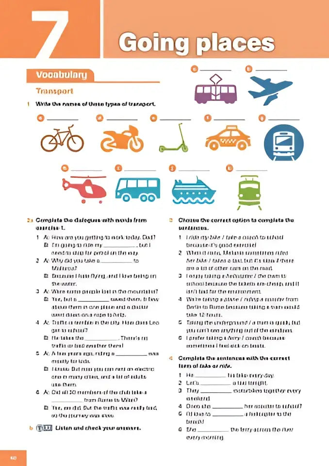 Kleurrijke educatieve werkblad going places met vervoersillustraties en oefeningen in de potential a2 werkboek