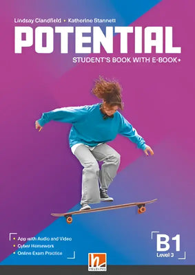 De voorkant van het potential b1 level 3 studentenboek met e-book plus toont een persoon op een skateboard in een blauw shirt