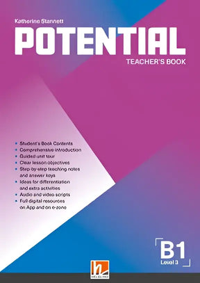 De cover van het potential b1 teacher’s book door Katherine Stannett met een levendig geometrisch ontwerp in roze en blauw