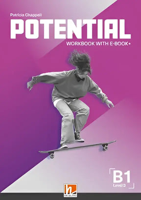 De cover van de b1 potential workbook met ebook van patricia chappell met zwart-wit skateboarder op paars-witte achtergrond