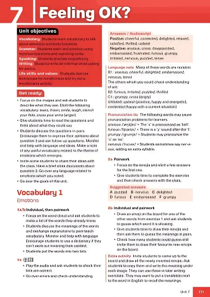 Pagina uit potential b2 workbook feeling ok met eenheiddoelen vocabulaire emoties en oefeningen voor leerlingen