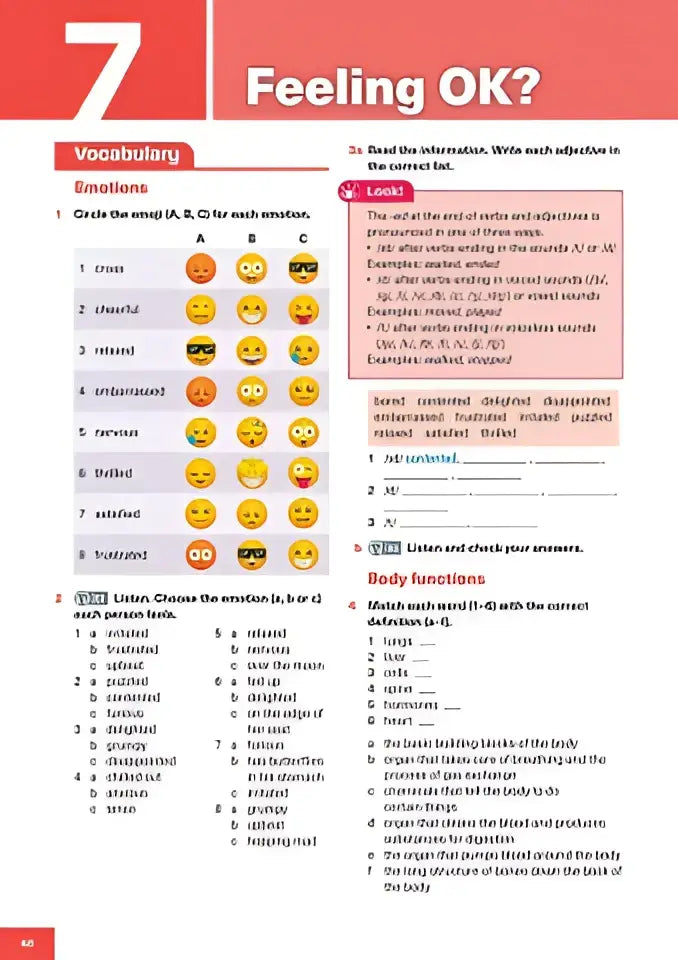 Pagina uit potential b2 werkboek met engels vocabulaire oefening over emoties en lichaamsfuncties met kleurrijke emoji’s