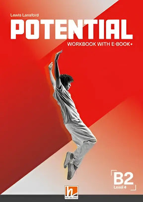 Rood-wit omslag van potential b2 workbook van lewis lansford met een persoon in mid-air tegen een geometrische achtergrond
