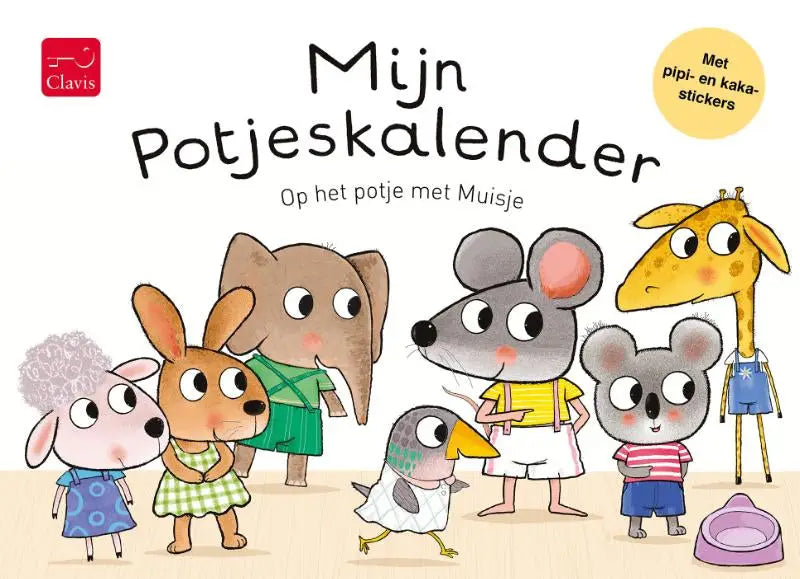 De cover van het kinderboek mijn potjeskalender toont kleurrijke dieren rondom een paarse potjeskom