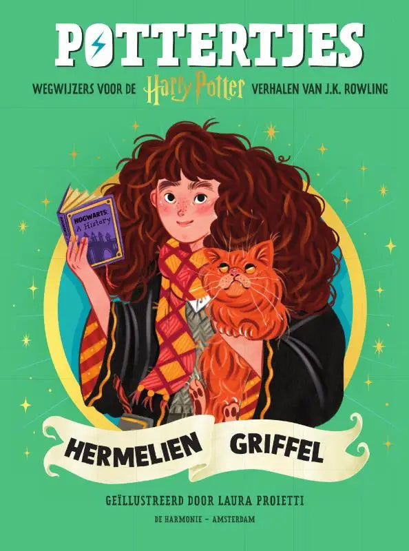 Illustratie van pottertjes - hermelien griffel kinderboek met hermelien in zwarte mantel en oranje gele sjaal met kat