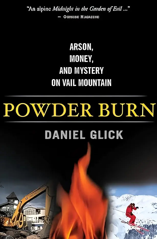 Zwart boek met gouden letters over vlammen en besneeuwde berg op cover van Powder Burn Vail Mountain mysteryboek