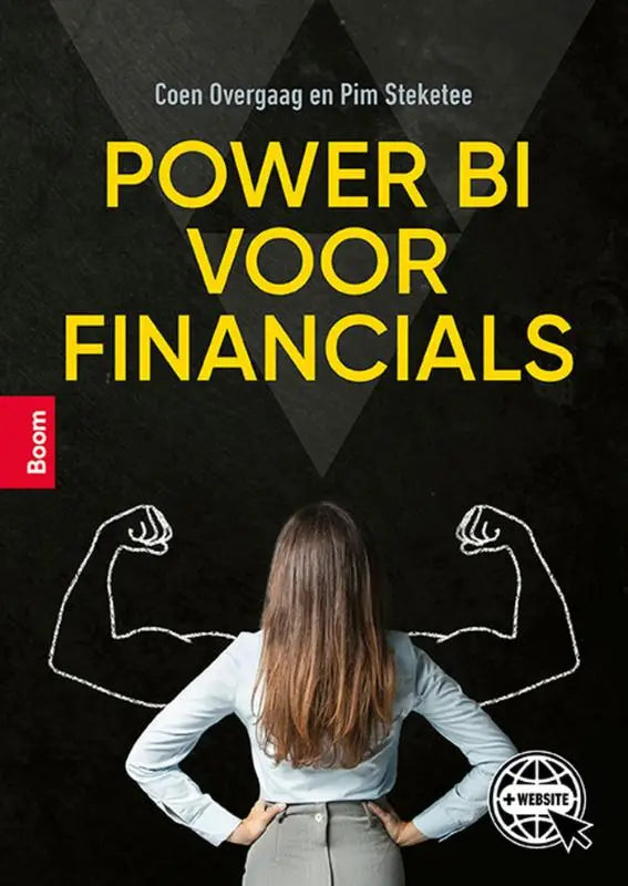 De boekcover van power bi voor financials toont gele tekst op een donkere achtergrond door coen overgaag en pim steketee uitgegeven door koninklijke boom uitgevers