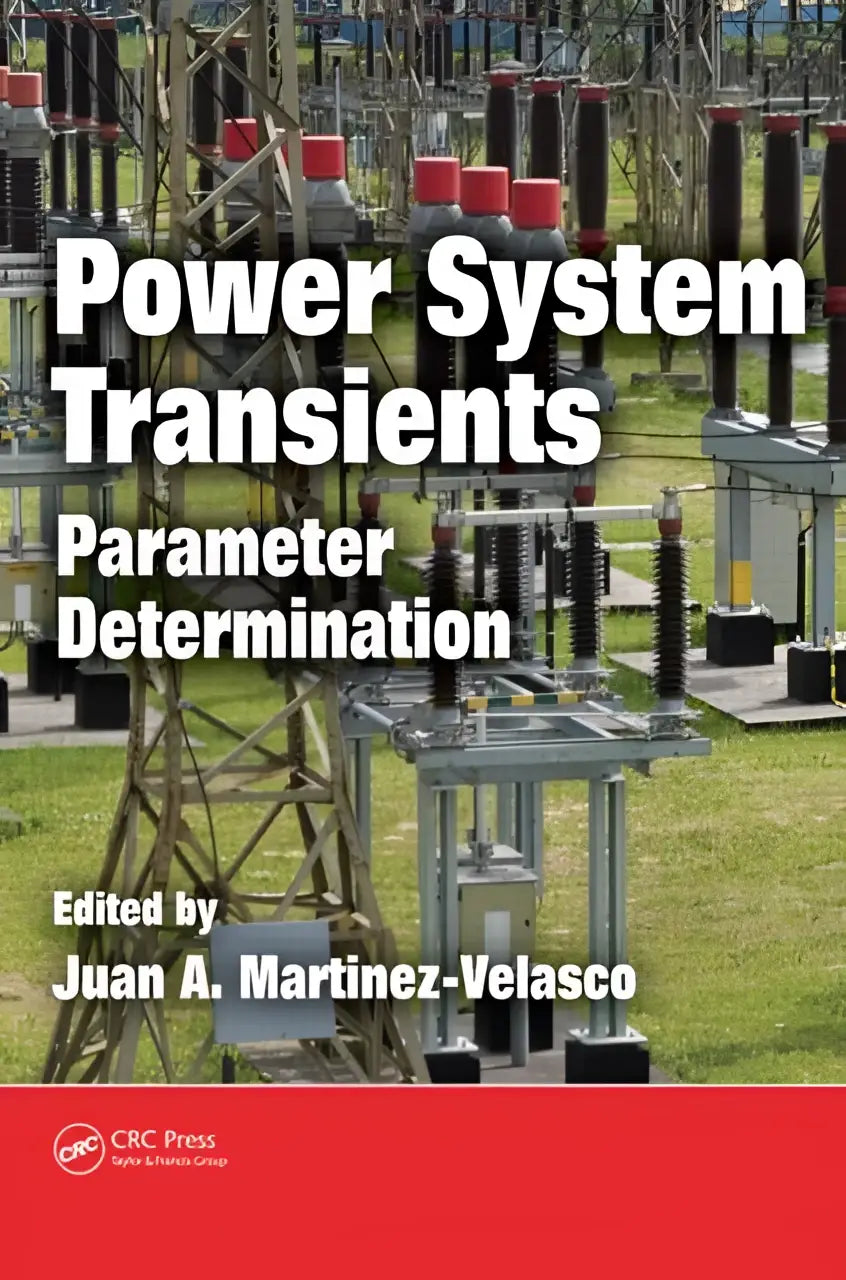 De boekcover toont technische foto’s van power system apparatuur met rode isolatoren en metalen structuren voor parameter determination in power system transients