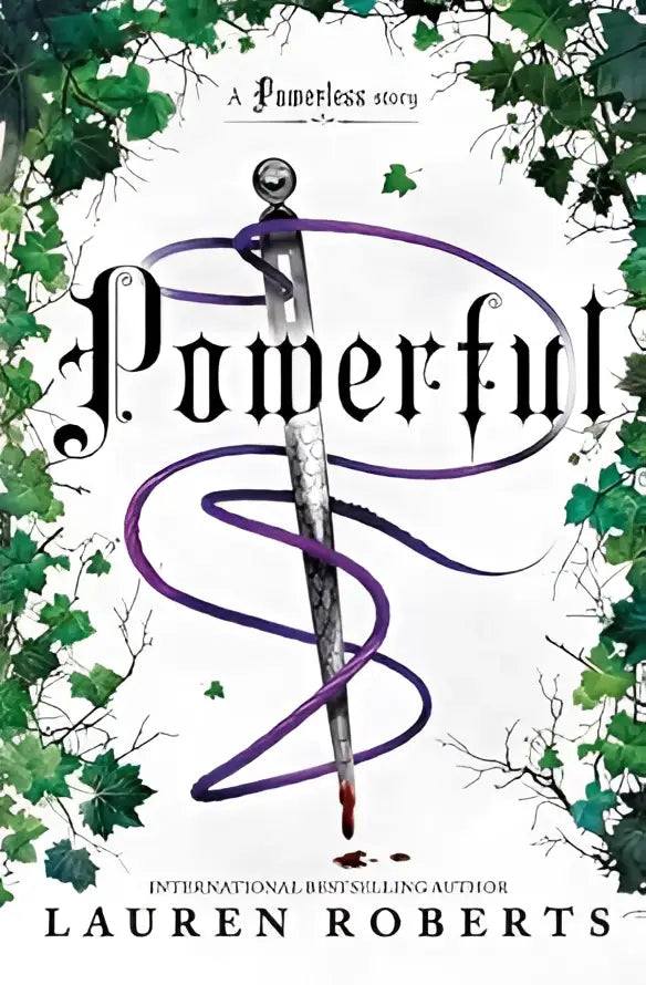 Powerful zilveren zwaard met zwarte handgreep en paarse wervelende details tegen groene klimop lauren roberts slow burn populaire booktok