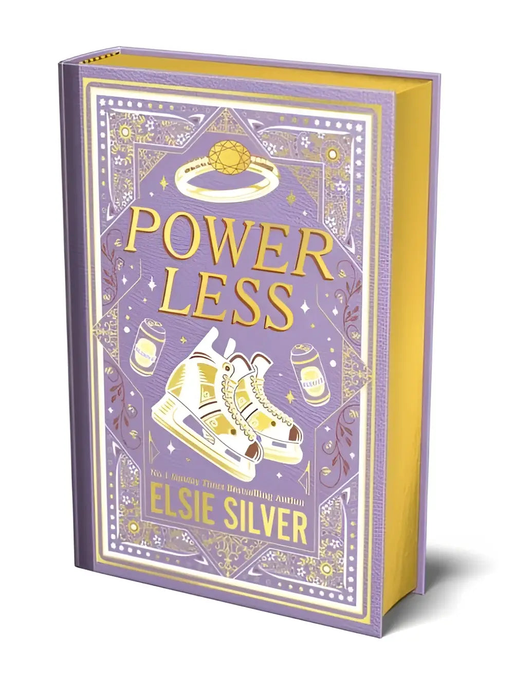 Paars hardcover collector’s edition boek powerles met gouden folieletters en illustraties van schaatsen voor hockey romance van elsie silver