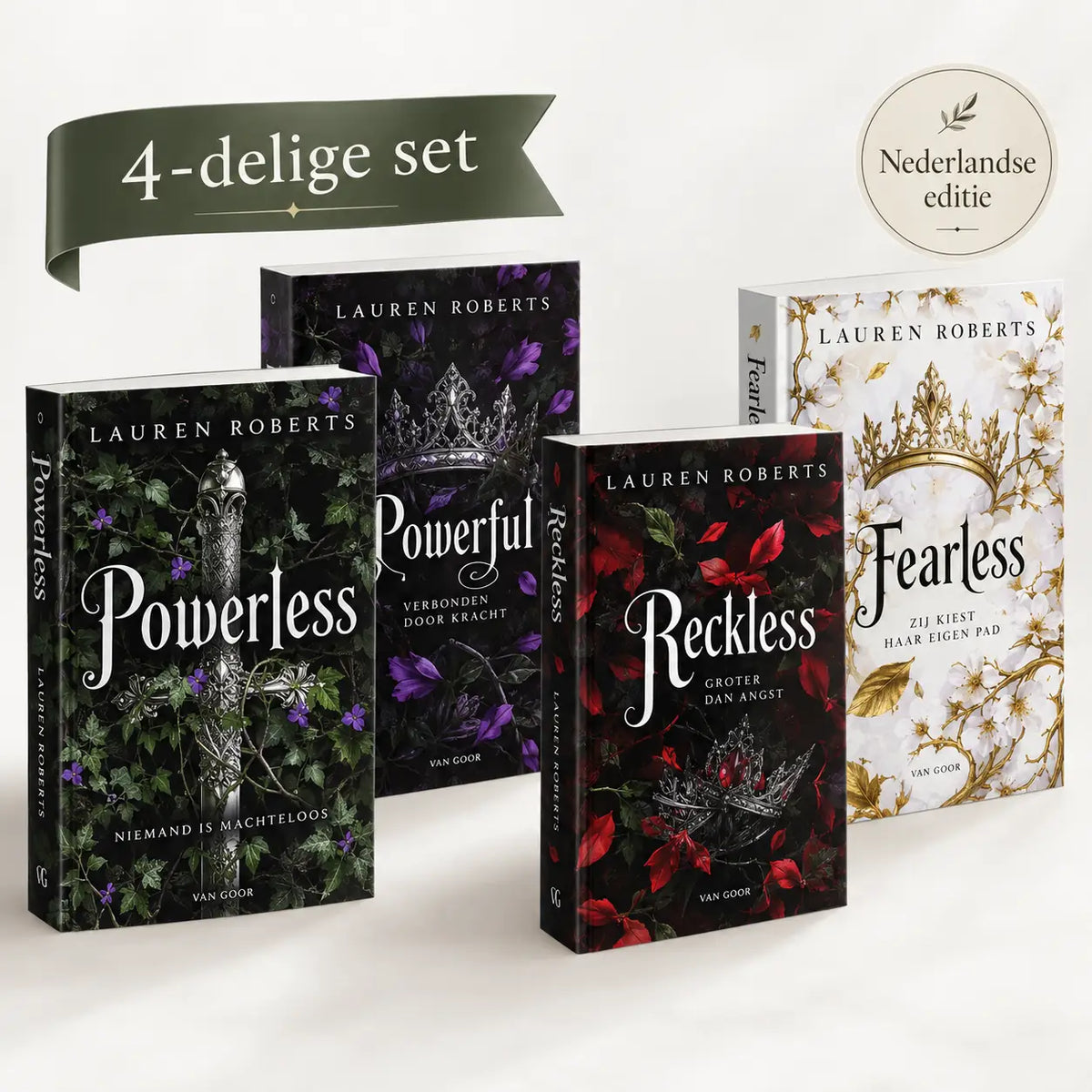 Vierdelige powerlesse nederlandse set van lauren roberts met kroonontwerpen en bloemmotieven op lichte en donkere covers