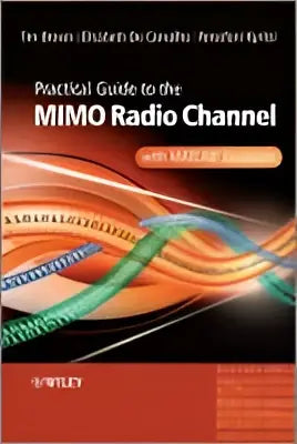 De boekcover van practical guide to mimo radio channel toont witte tekst op een donkere achtergrond met kleurrijke abstracte golflijnen bovenaan