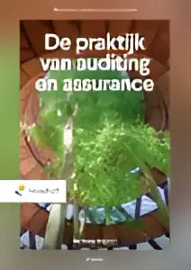 De praktijk van auditing en assurance boek met zwarte tekst op wit en groene bladeren, gericht op bedrijfskunde algemeen