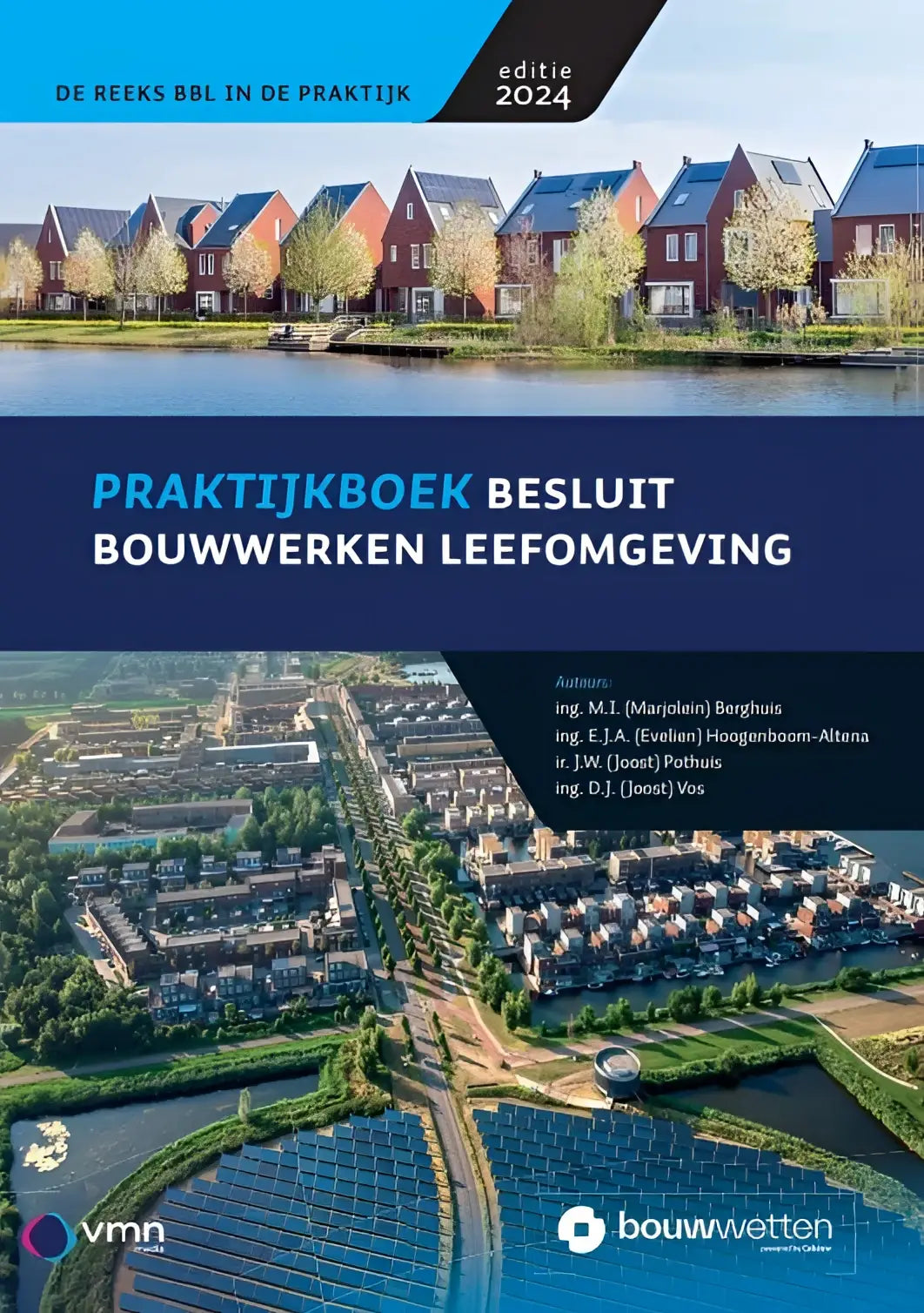 Cover van de 2024 editie van praktijkboek besluit bouwwerken leefomgeving met rode bakstenen huizen langs water
