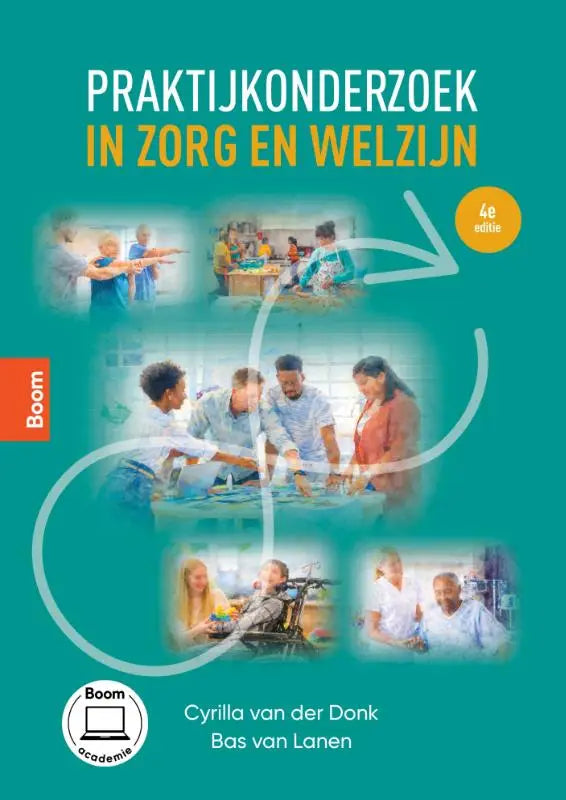 Teal gekleurde academische leerboekcover praktijkonderzoek in zorg en welzijn met zorgprofessionals bij patiënten