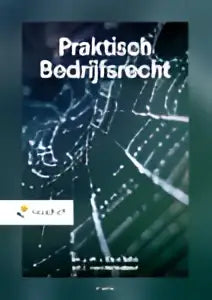 De boekcover van praktisch bedrijfsrecht toont de titel in zwarte letters op een donkergroene achtergrond met een abstract circuitpatroon in blauwgroen