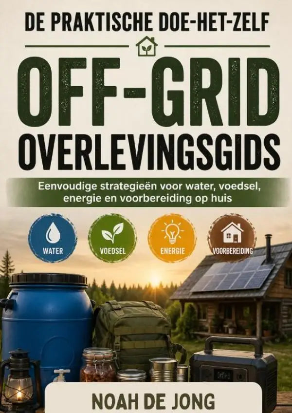 Cover van de praktische doe-het-zelf off-grid overlevingsgids met groene en zwarte tekst en survivaluitrusting
