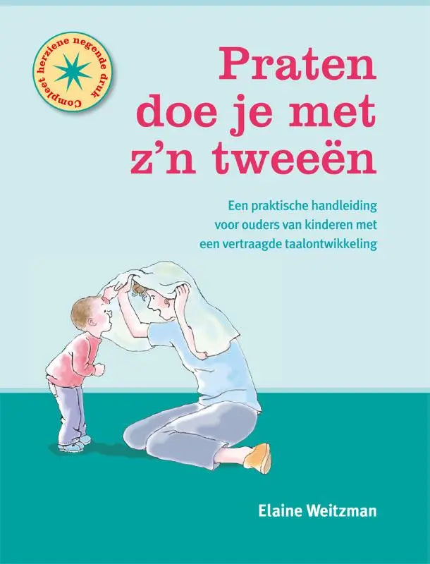 Een zachtblauw en teal boek met een illustratie van moeder en kind onder een deken praten doe je met zijn tweeën van elaine weitzman