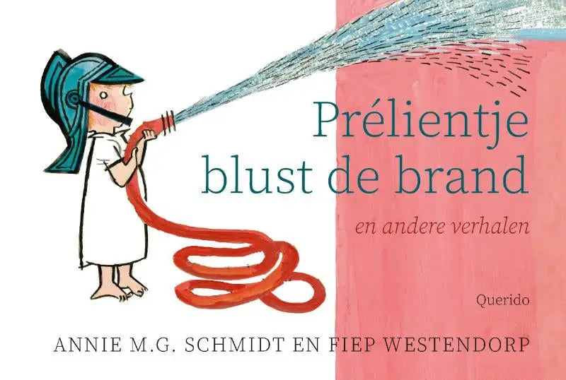 Cartoonillustratie van een kind met blauw helm die een oranje brandslang vasthoudt en water spuit in prélientje blust voor jonge kinderen