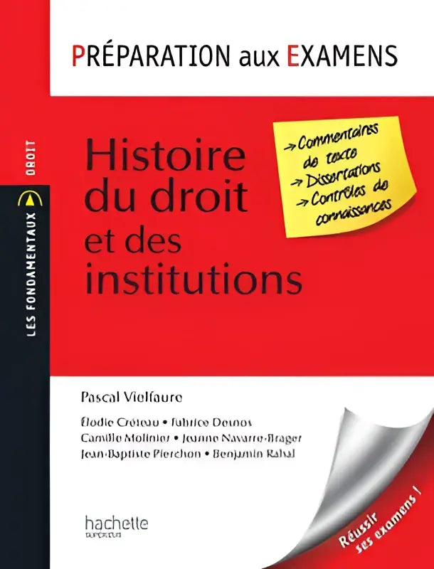 Rood boek met zwarte tekst en gele memobrief prepareert aux examens in histoire du droit en institutions door pascal viellaur