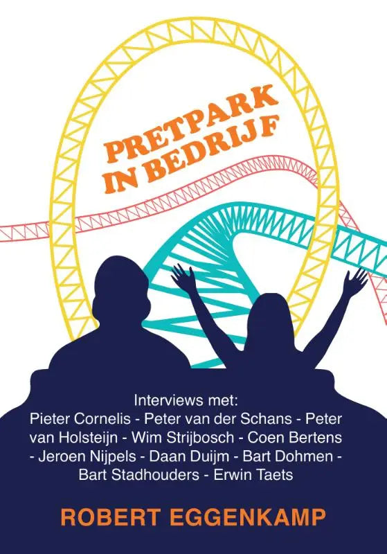 Cover van pretpark in bedrijf met gestileerde illustratie van kleurrijke achtbanen en silhouetten van twee personen