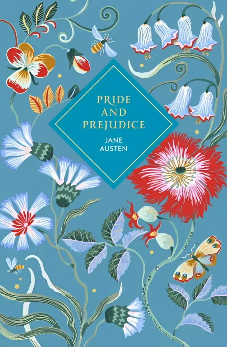 Een prachtig geïllustreerd hardcover boek pride and prejudice special edition met een levendig bloemmotief op een blauwe achtergrond