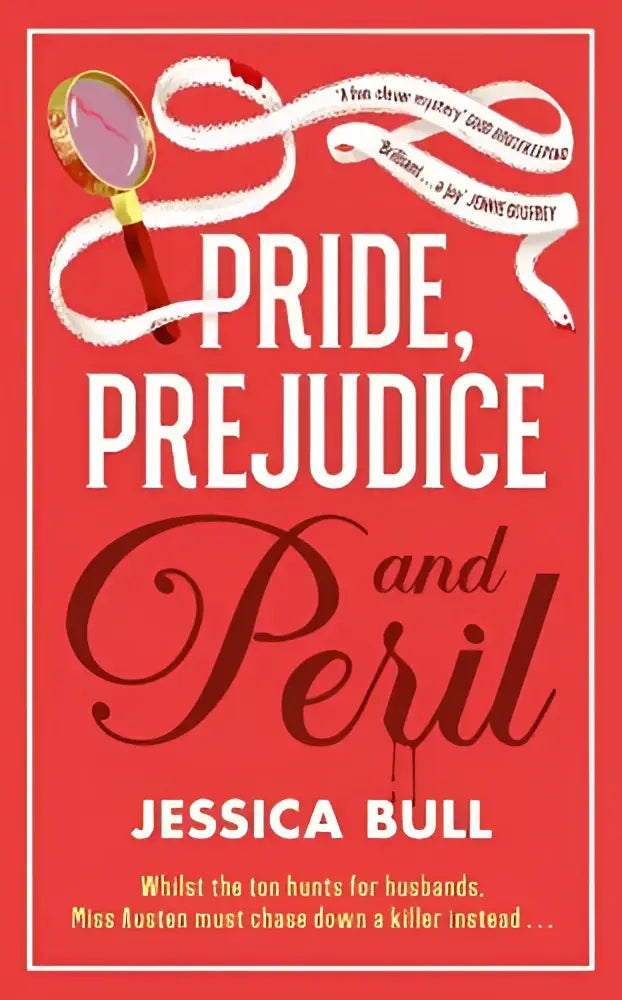Rode boekomslag met de titel pride prejudice and peril van jessica bull in een product over prejudice and peril